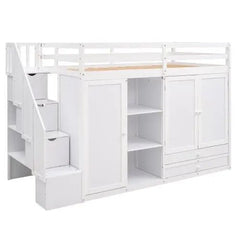 Bellemave® Twin Size Functional Loft Bed with 3 Shelves, 2 Wardrobes and 2 Drawers, Ladder with Storage - Bellemave