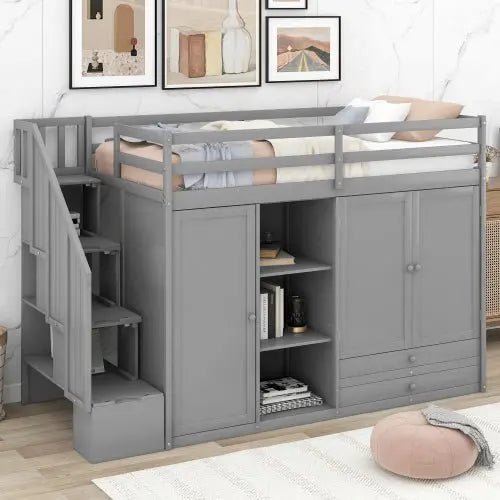 Bellemave® Twin Size Functional Loft Bed with 3 Shelves, 2 Wardrobes and 2 Drawers, Ladder with Storage - Bellemave