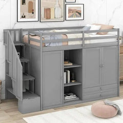 Bellemave® Twin Size Functional Loft Bed with 3 Shelves, 2 Wardrobes and 2 Drawers, Ladder with Storage - Bellemave