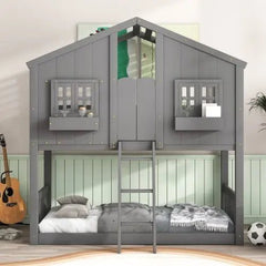 Bellemave® Twin Size House Bunk Bed with Roof and Window,Window Box and Door,Safety Guardrails and Ladder - Bellemave