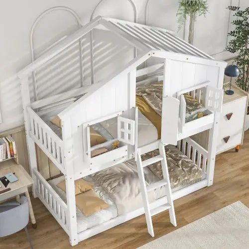 Bellemave® Twin Size House Bunk Bed with Roof and Window,Window Box and Door,Safety Guardrails and Ladder - Bellemave