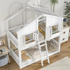 Bellemave® Twin Size House Bunk Bed with Roof and Window,Window Box and Door,Safety Guardrails and Ladder - Bellemave