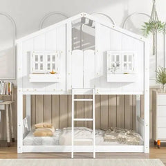 Bellemave® Twin Size House Bunk Bed with Roof and Window,Window Box and Door,Safety Guardrails and Ladder - Bellemave