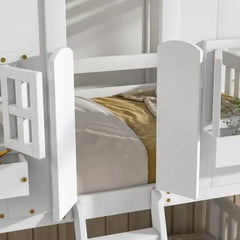 Bellemave® Twin Size House Bunk Bed with Roof and Window,Window Box and Door,Safety Guardrails and Ladder - Bellemave