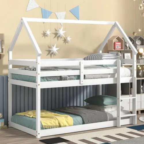 Bellemave Twin-Size House Bunk Bed with Roof Design, Safety Guardrail, Ladder - Bellemave