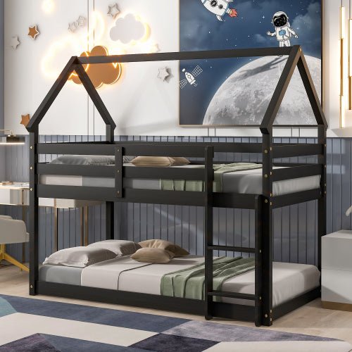 Bellemave Twin-Size House Bunk Bed with Roof Design, Safety Guardrail, Ladder - Bellemave