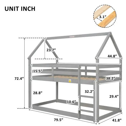 Bellemave Twin-Size House Bunk Bed with Roof Design, Safety Guardrail, Ladder - Bellemave