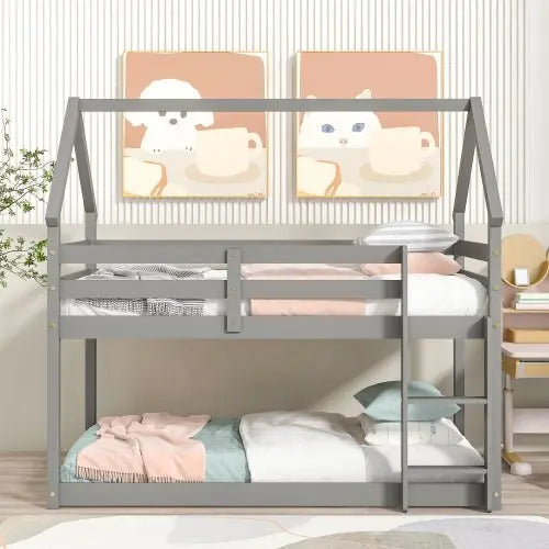 Bellemave Twin-Size House Bunk Bed with Roof Design, Safety Guardrail, Ladder - Bellemave