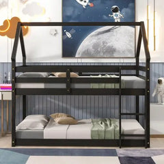 Bellemave Twin-Size House Bunk Bed with Roof Design, Safety Guardrail, Ladder - Bellemave