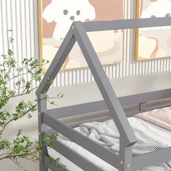 Bellemave Twin-Size House Bunk Bed with Roof Design, Safety Guardrail, Ladder - Bellemave