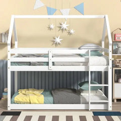 Bellemave Twin-Size House Bunk Bed with Roof Design, Safety Guardrail, Ladder - Bellemave