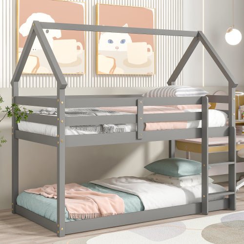 Bellemave Twin-Size House Bunk Bed with Roof Design, Safety Guardrail, Ladder - Bellemave