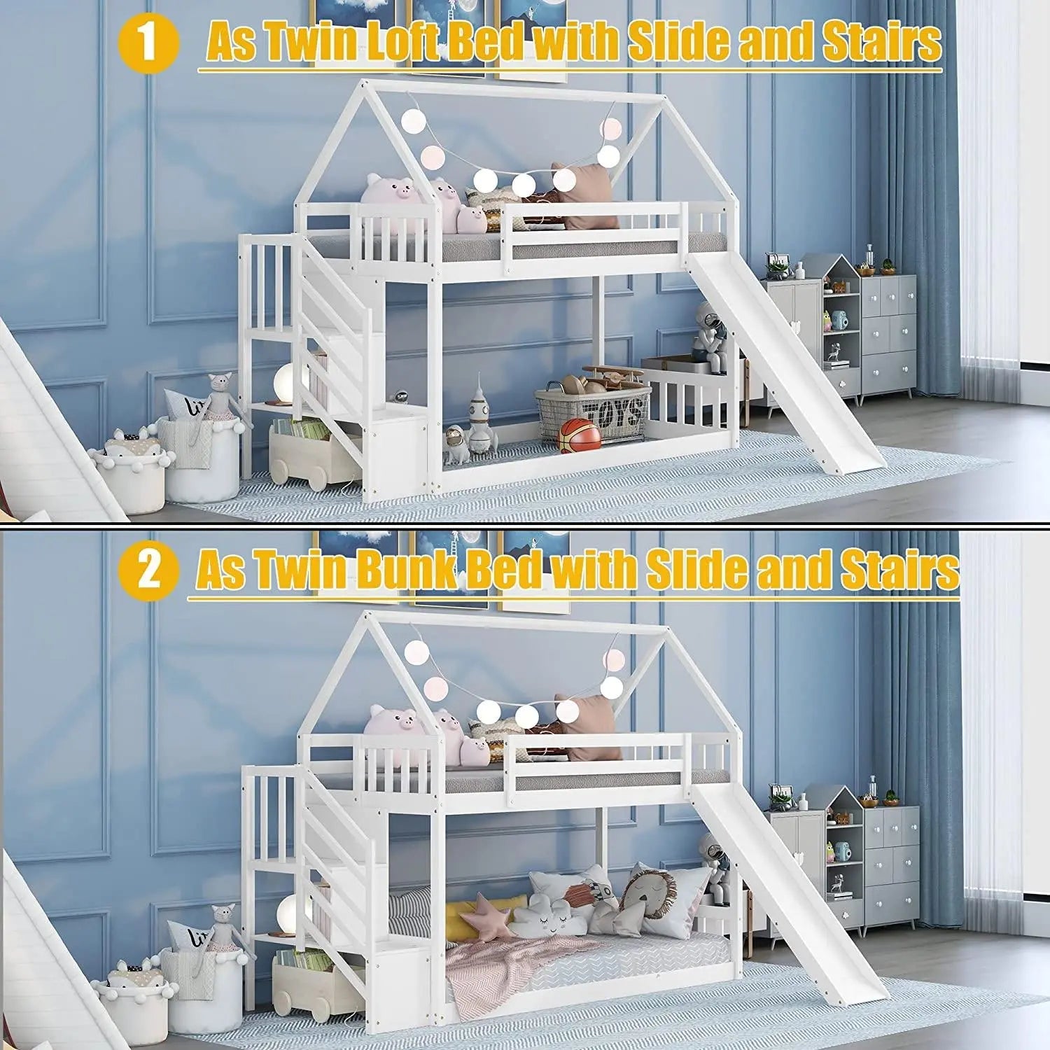 Bellemave® Twin Size House Bunk Bed with Stairs and Slides - Bellemave