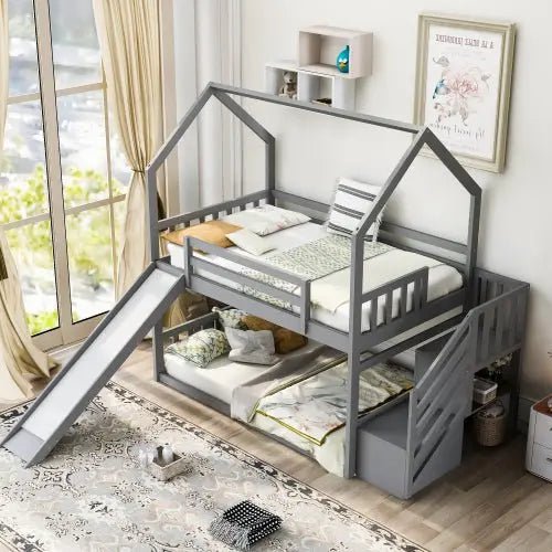 Bellemave® Twin Size House Bunk Bed with Stairs and Slides - Bellemave