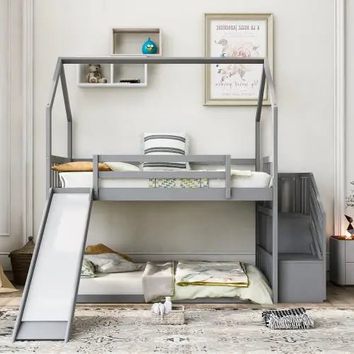 Bellemave® Twin Size House Bunk Bed with Stairs and Slides - Bellemave