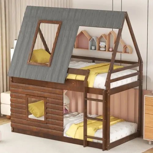 Bellemave® Twin Size House Floor Bunk Bed with Roof - Bellemave
