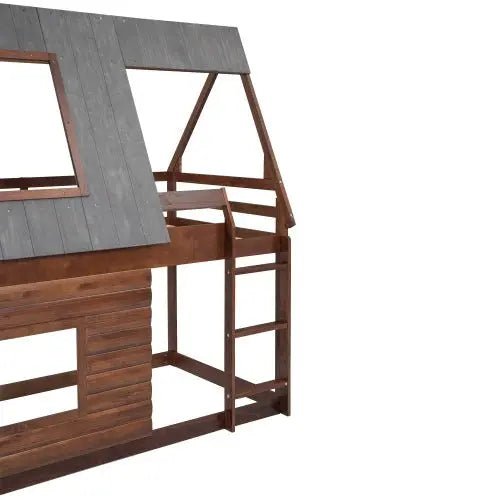 Bellemave® Twin Size House Floor Bunk Bed with Roof - Bellemave