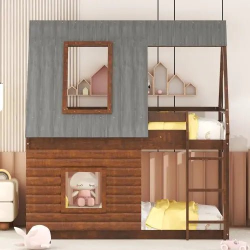 Bellemave® Twin Size House Floor Bunk Bed with Roof - Bellemave
