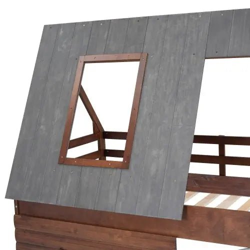 Bellemave® Twin Size House Floor Bunk Bed with Roof - Bellemave