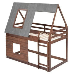 Bellemave® Twin Size House Floor Bunk Bed with Roof - Bellemave
