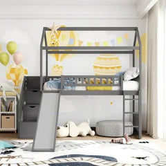 Bellemave® Twin Size House Loft Bed with Drawer,Staircase and Slide - Bellemave