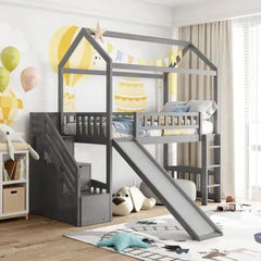 Bellemave® Twin Size House Loft Bed with Drawer,Staircase and Slide - Bellemave