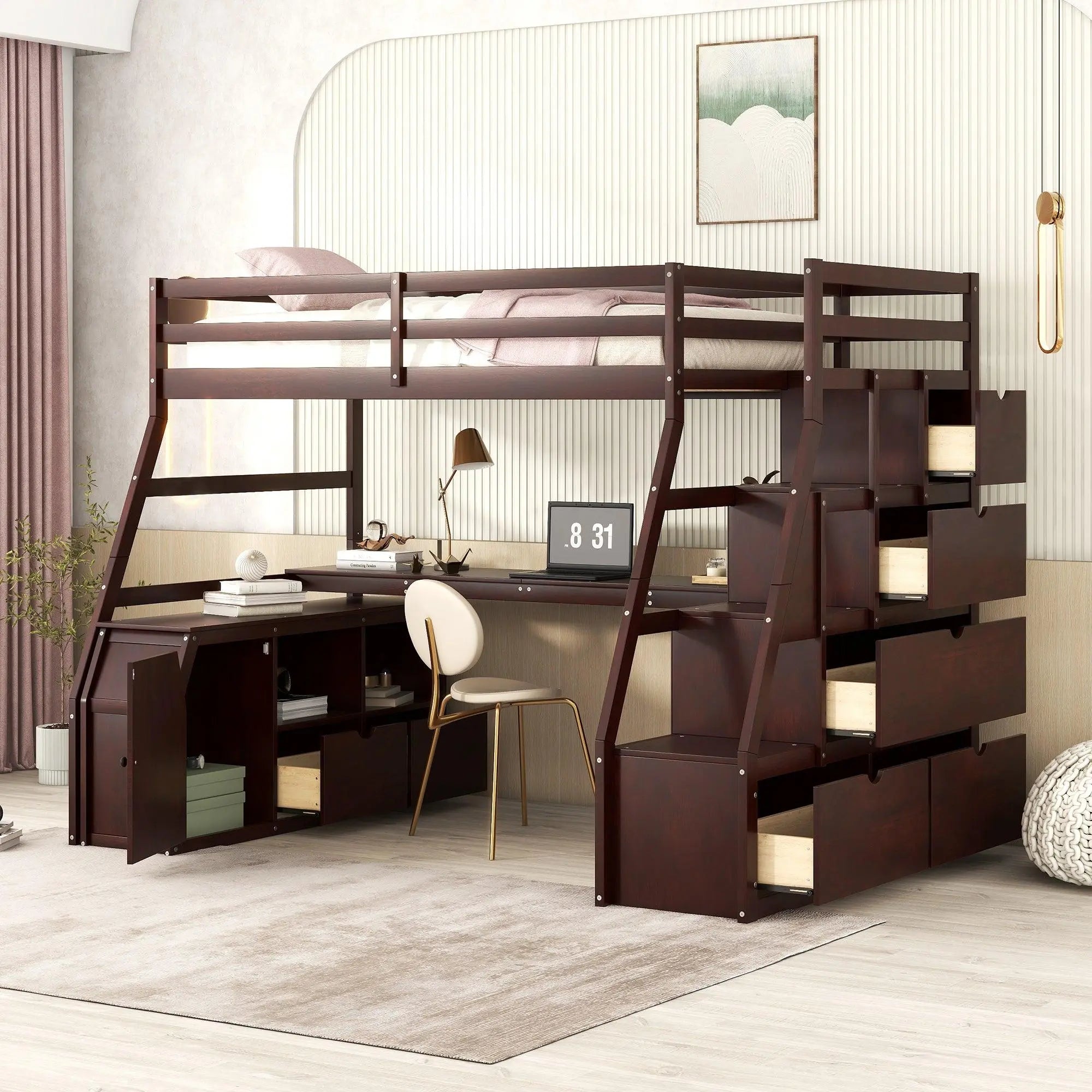 Bellemave Twin Size Loft Bed w/Drawers, Shelves and Desk  - Bellemave
