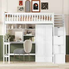 Bellemave® Twin Size Loft Bed with Bookshelf and Drawers,Desk and Wardrobe - Bellemave