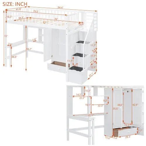 Bellemave® Twin Size Loft Bed with Bookshelf and Drawers,Desk and Wardrobe - Bellemave