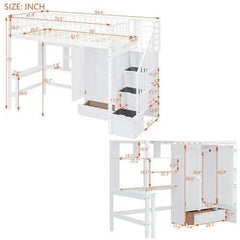Bellemave® Twin Size Loft Bed with Bookshelf and Drawers,Desk and Wardrobe - Bellemave