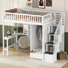 Bellemave® Twin Size Loft Bed with Bookshelf and Drawers,Desk and Wardrobe - Bellemave