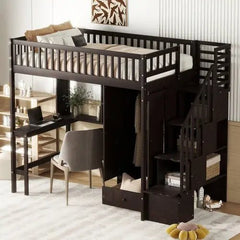 Bellemave® Twin Size Loft Bed with Bookshelf and Drawers,Desk and Wardrobe - Bellemave