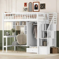 Bellemave® Twin Size Loft Bed with Bookshelf and Drawers,Desk and Wardrobe - Bellemave