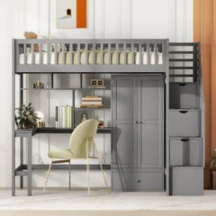 Bellemave® Twin Size Loft Bed with Bookshelf and Drawers,Desk and Wardrobe - Bellemave