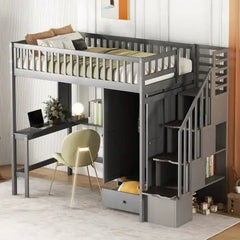 Bellemave® Twin Size Loft Bed with Bookshelf and Drawers,Desk and Wardrobe - Bellemave