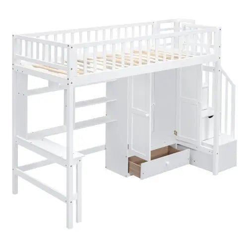 Bellemave® Twin Size Loft Bed with Bookshelf and Drawers,Desk and Wardrobe - Bellemave