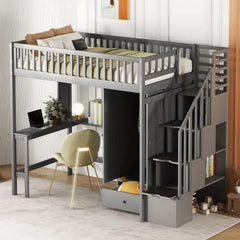 Bellemave Twin-Size Loft Bed with Bookshelf,Drawers,Desk,and Wardrobe - Bellemave