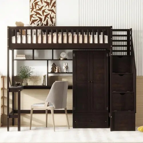 Bellemave Twin-Size Loft Bed with Bookshelf,Drawers,Desk,and Wardrobe - Bellemave