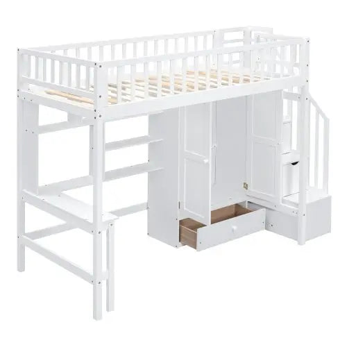 Bellemave Twin-Size Loft Bed with Bookshelf,Drawers,Desk,and Wardrobe - Bellemave