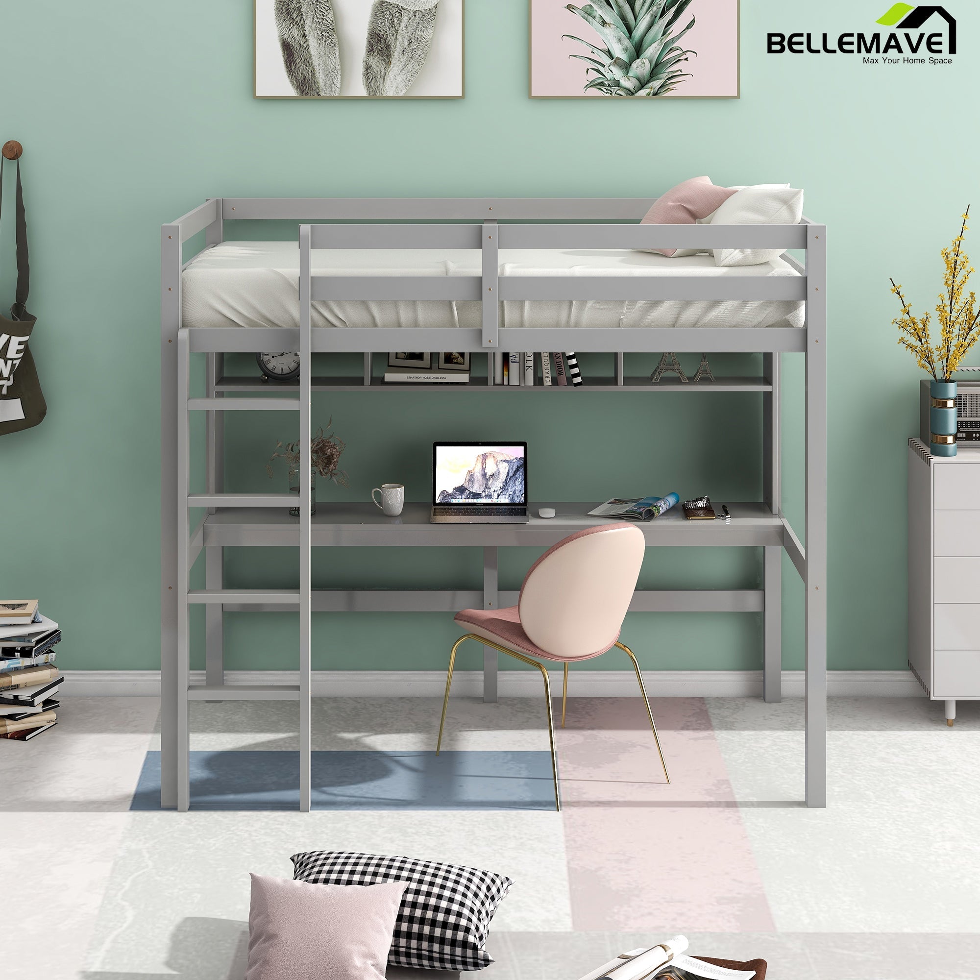 Bellemave Twin Size Loft Bed with Desk, Shelves, Ladder - Bellemave