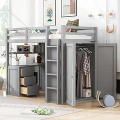 Bellemave® Twin Size Loft Bed with Drawers,Desk and Wardrobe - Bellemave