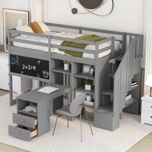 Bellemave Twin Size Loft Bed with Pullable Desk and Storage Shelves,Staircase and Blackboard - Bellemave