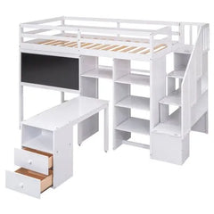 Bellemave Twin Size Loft Bed with Pullable Desk and Storage Shelves,Staircase and Blackboard - Bellemave