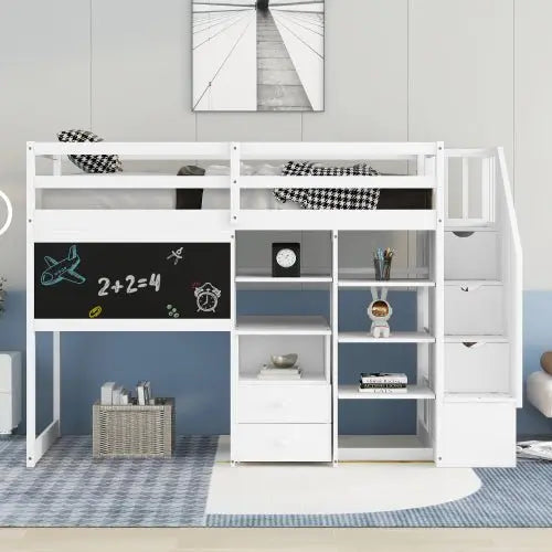 Bellemave Twin Size Loft Bed with Pullable Desk and Storage Shelves,Staircase and Blackboard - Bellemave