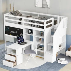 Bellemave Twin Size Loft Bed with Pullable Desk and Storage Shelves,Staircase and Blackboard - Bellemave