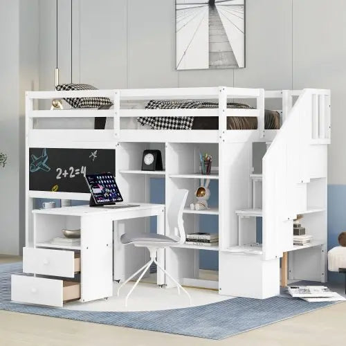 Bellemave Twin Size Loft Bed with Pullable Desk and Storage Shelves,Staircase and Blackboard - Bellemave