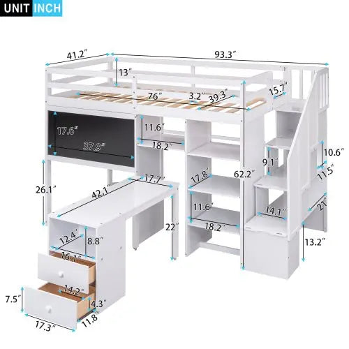 Bellemave Twin Size Loft Bed with Pullable Desk and Storage Shelves,Staircase and Blackboard - Bellemave