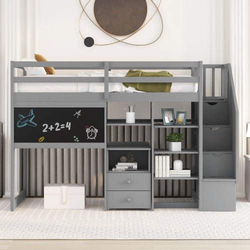 Bellemave Twin Size Loft Bed with Pullable Desk and Storage Shelves,Staircase and Blackboard - Bellemave