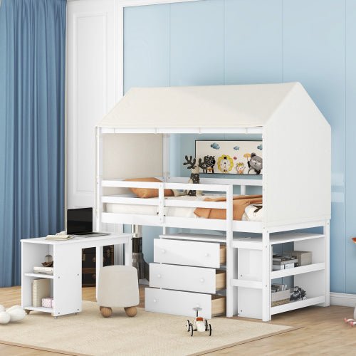 Bellemave Twin Size Loft Bed with Rolling Cabinet, Shelf and Tent - Bellemave