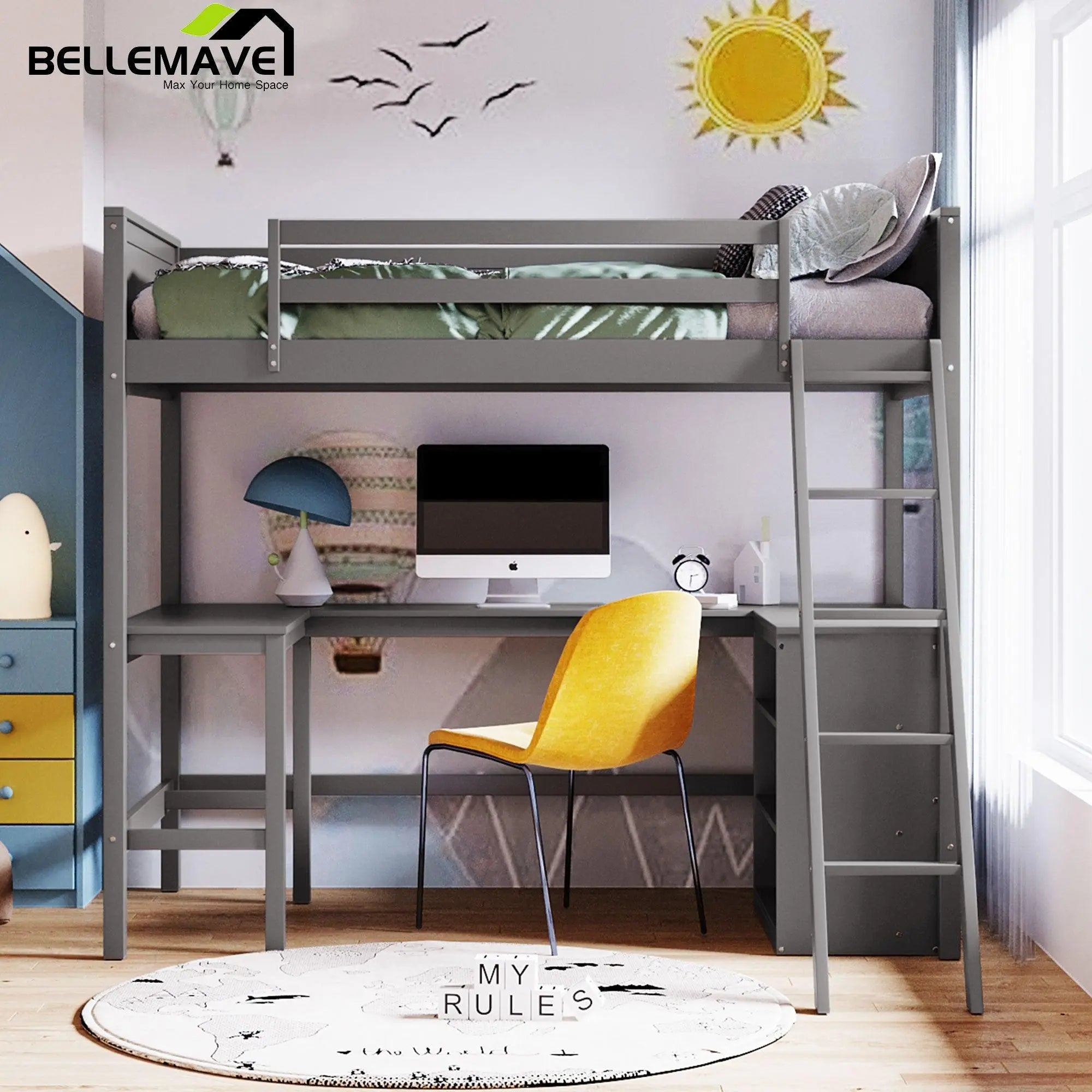 Bellemave® Twin Size Loft Bed with Shelves and Desk - Bellemave
